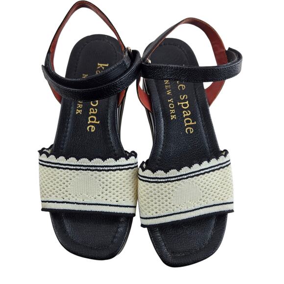 Kate Spade High Rise Spade Platform Wedge Sandals 6 B Black White Striped Preppy - Picture 7 of 14